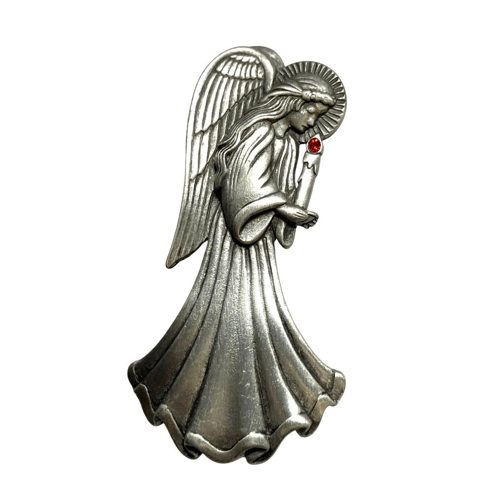 Angel Brooch Pin By JJ With Red Gem Accent In Pewter Silver Tone Finish